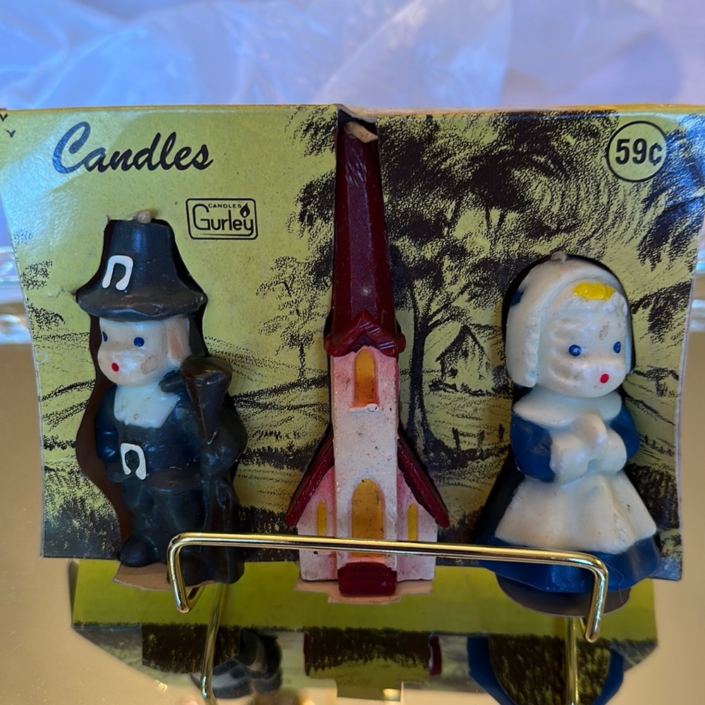 1960’s Gurley Candle Co thanksgiving pilgrim wife and husband and church
